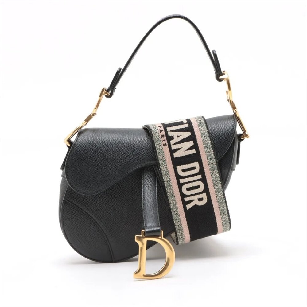 Christian Dior Saddle Bag Leather 2 Way Shoulder Bag Black